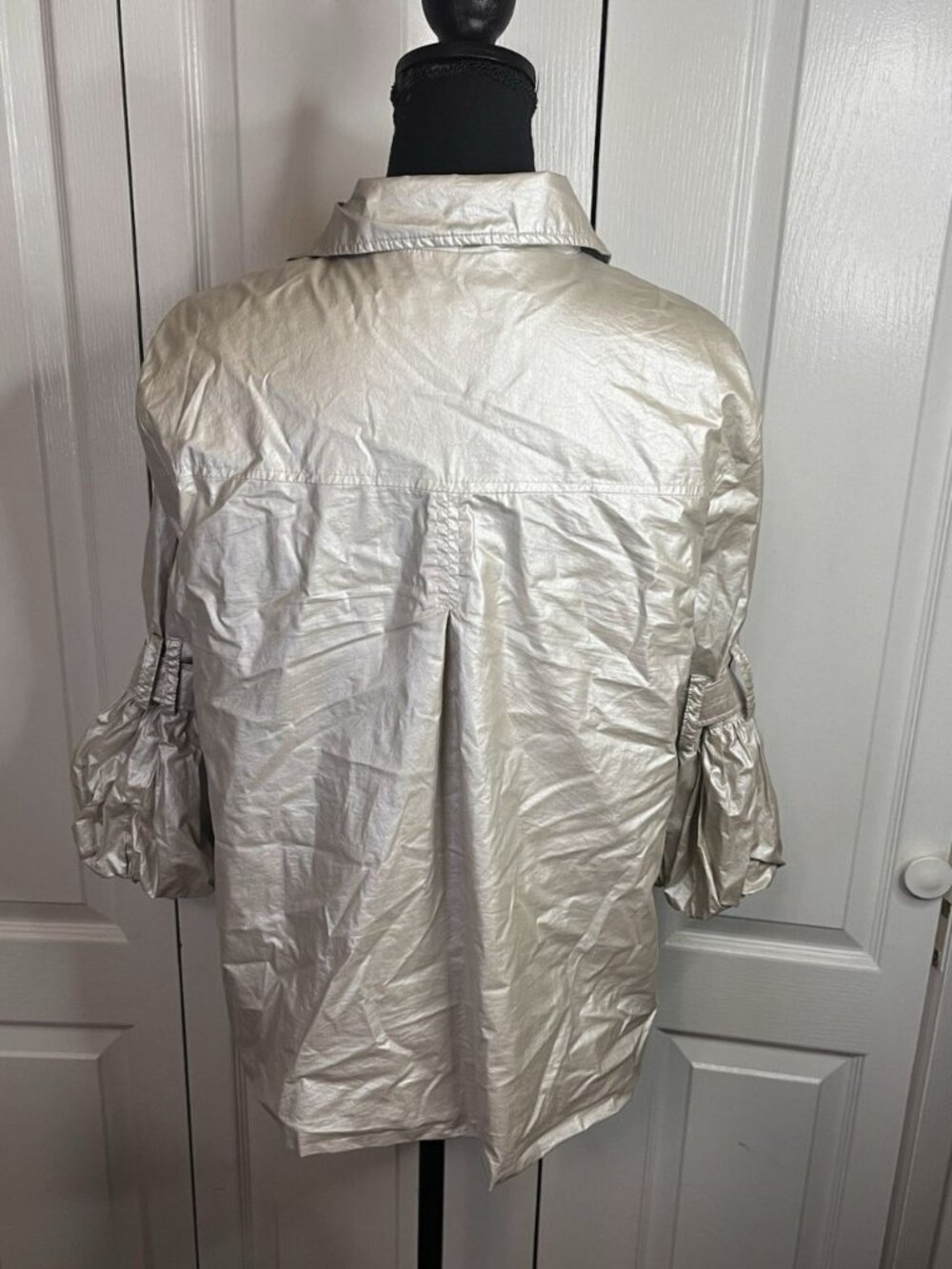 Tribal Brand Silver Metallic Jacket Sz 10 3/4 Roll Balloon Sleeves Rain Coat - Picture 5 of 8